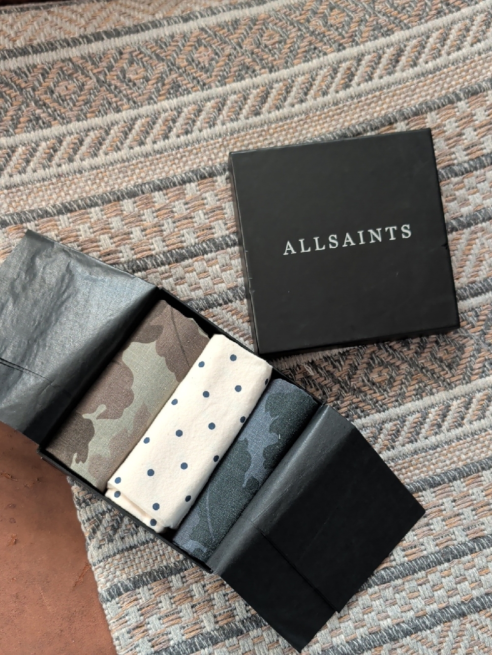 AllSaints Cream Pocket Square with Navy Polka Dots